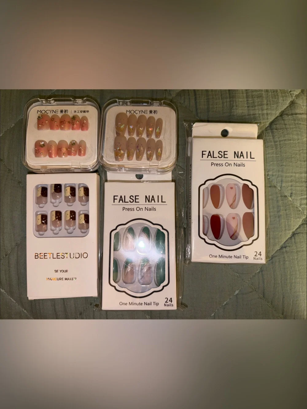 Assorted Press-On False Nails - Pink, Nude, Green, Red (Set of Multiple Designs)